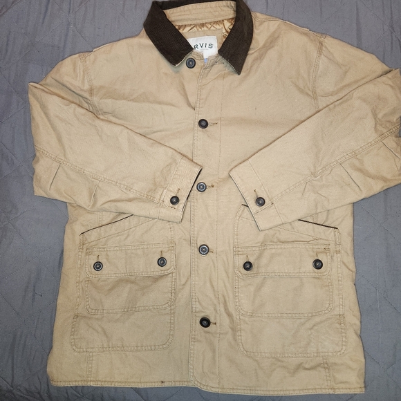 Orvis Jacket Mens XL Canvas Chore Barn Coat Quilted Lining Corduroy Trim Khaki - Picture 1 of 9